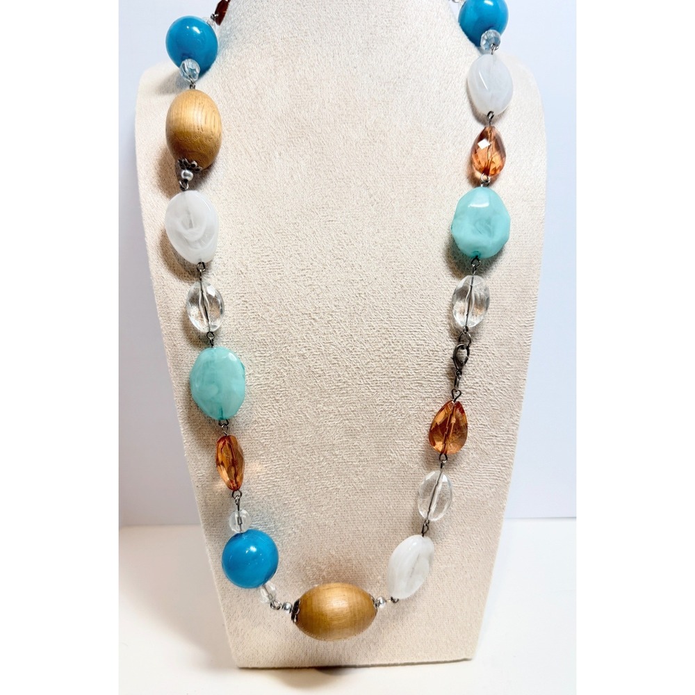 Boho Turquoise Blue Brown Mixed Bead Necklace Wood Acrylic 22 Inch